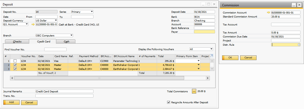 sap business one how to deposit credit card vouchers
