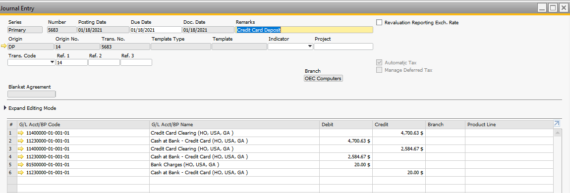 sap business one how to deposit credit card vouchers