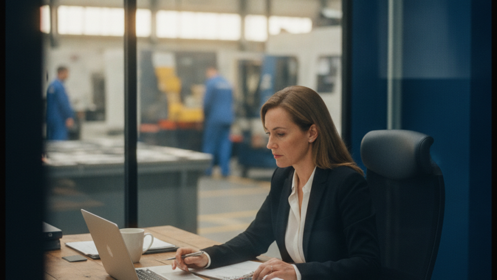 Finance leader reviewing financial reports in a manufacturing office