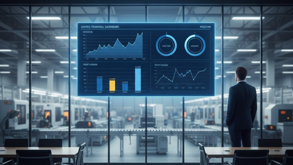Unified SAP Business One financial dashboard overlooking a manufacturing floor, showing real-time cash and margin data
