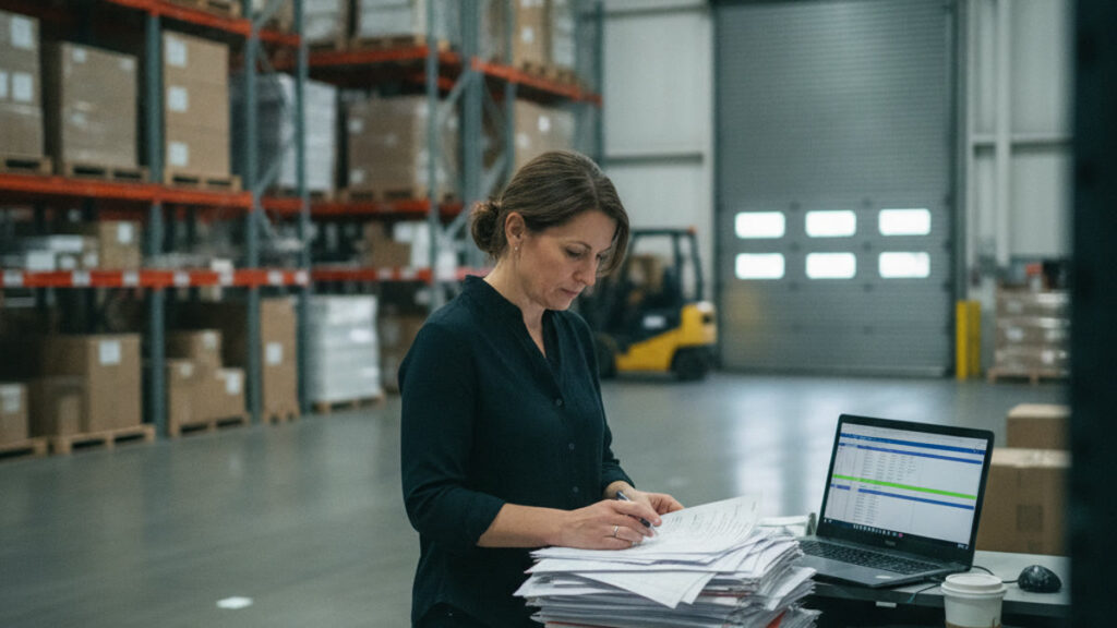 Warehouse operations manager reviewing customs entry paperwork at a mid-sized distribution shipping dock